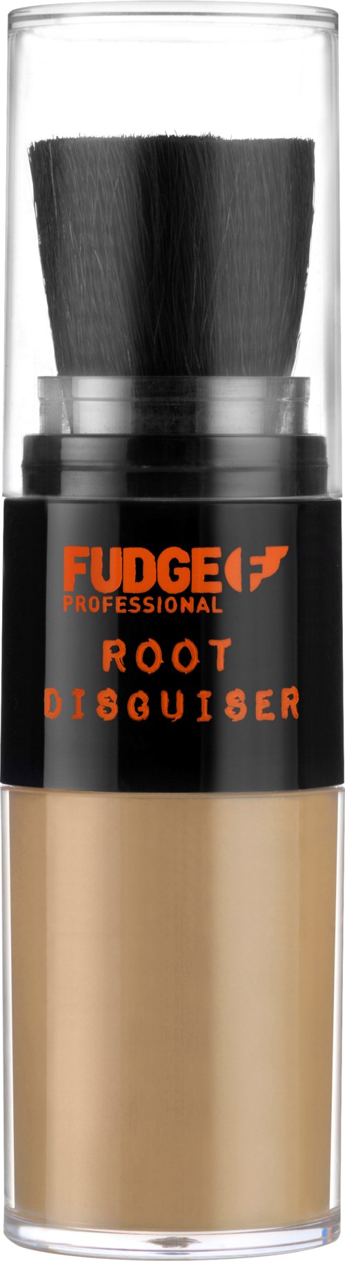 En makeup-konsept med svart lokk, gjennomsiktig flaske og oransje og svart etikett med teksten "FUDGE PROFESSIONAL ROOT DISGULER."