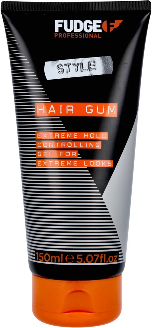 A tube of hair gel titled "Fudge Professional" with black, orange, and white colors, showing benefits like hold and control.