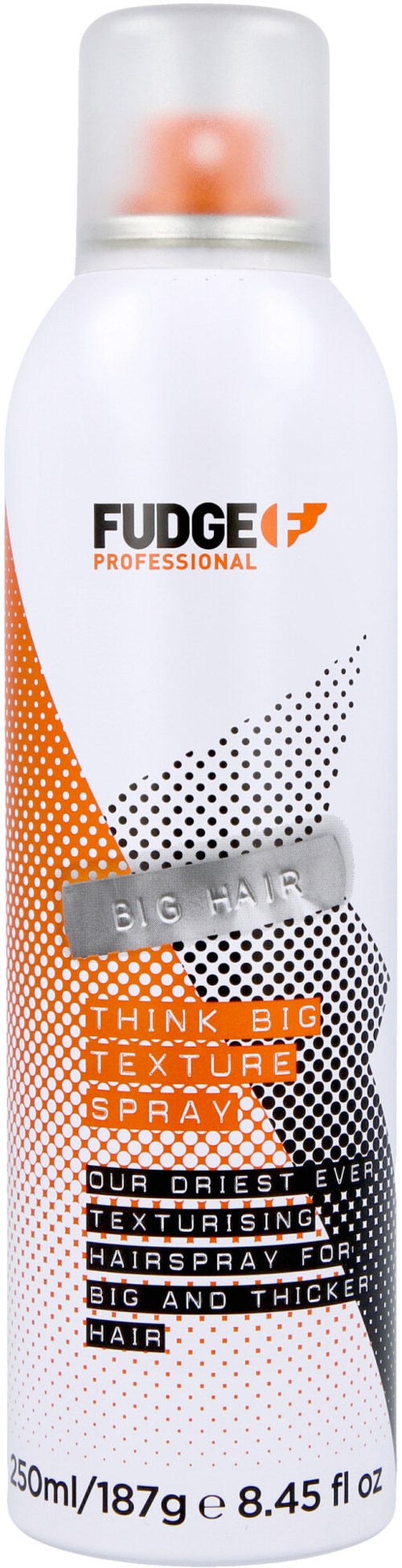 En burk av Fudge Professional Big Hair texturspray med orange, svart och vit design. Den står 'Think Big' och är för tjockt hår.