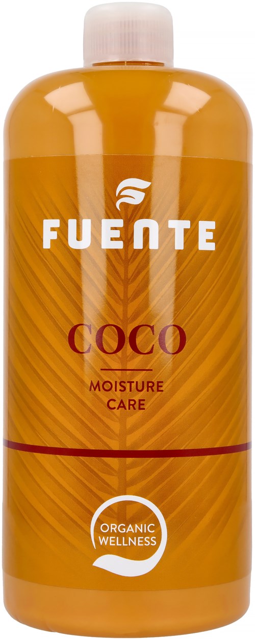 En gul flaska med vit lock, märkt 'Fuente Coco Moisture Care' och 'Organic Wellness.'