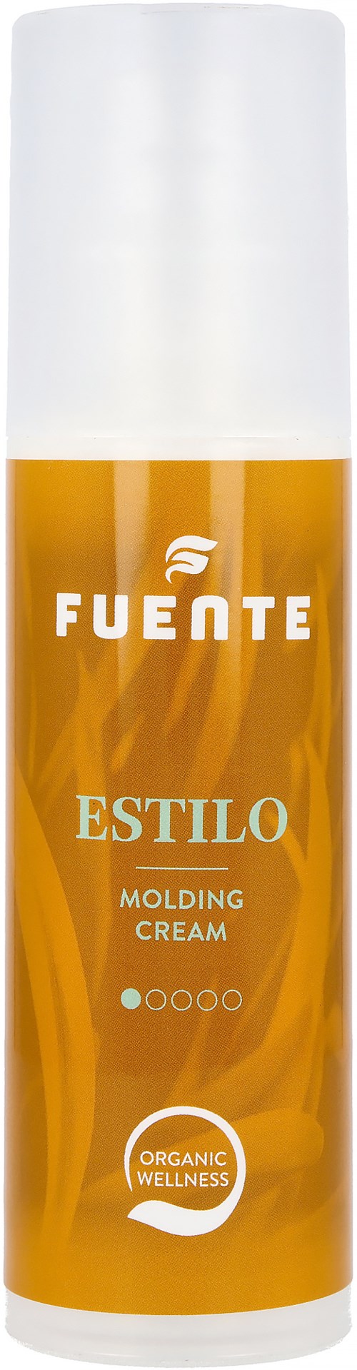 En vit och orange flaska märkt FUENTE, Estilo Molding Cream, organic wellness. Det är en hårstylingprodukt.