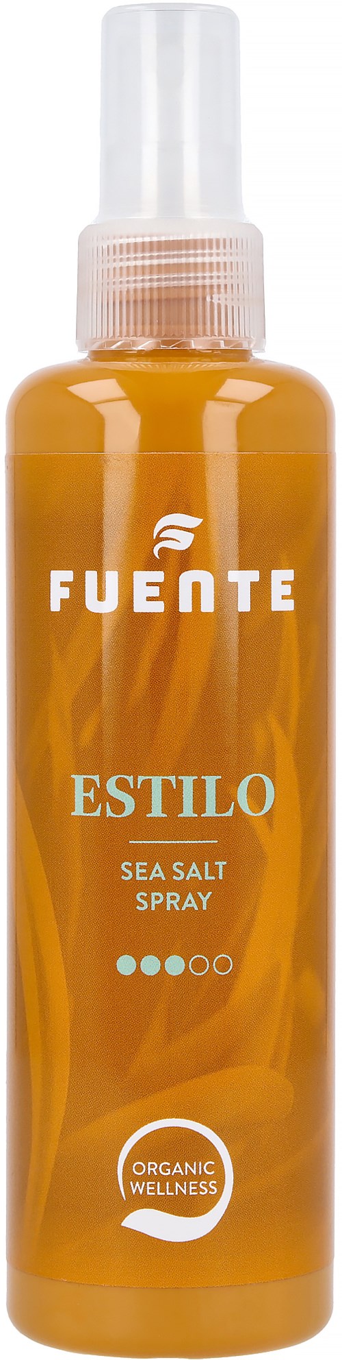 Orange sprayflaska märkta 'Fuente Estilo Sea Salt Spray' för hårstyling. Organisk wellnessprodukt. Vit kapsel upptill.