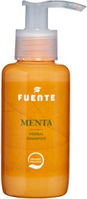 Keltainen pullo yrtttshampoona, jossa lukee 'Fuente Menta', ja siinä on pumppulog.