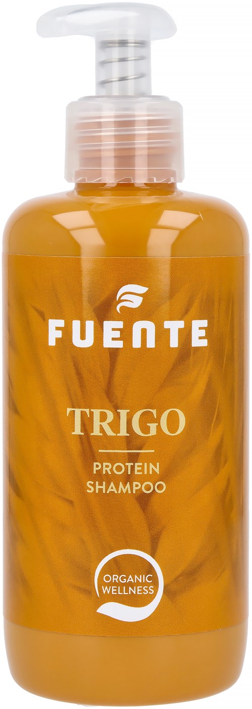 Ruskea pullo Fuente Trigo-proteiinisampoolla ja pumpulla, merkitty organic wellness.