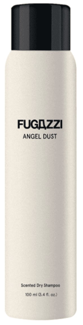Hvid flaske med sort låg, mærket 'FUGAZZI ANGEL DUST, duftende tørtshampoo, 100 ml'.