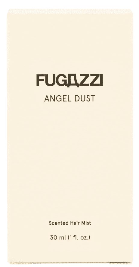 A mostly white box with black text: 'FUGAZZI ANGEL DUST,' plus smaller text about scented hair mist, 30 ml.