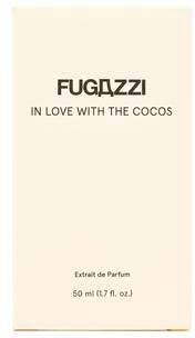 En parfymask box märkt 'FUGAZZI IN LOVE WITH THE COCOS' med liten text och 'Extrait de Parfum' längst ner.
