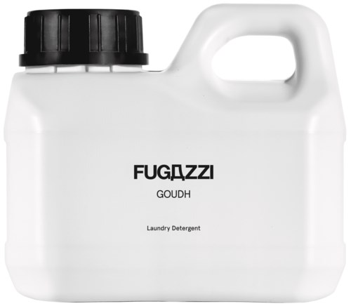 A white plastic container with a black cap, labeled as laundry detergent with brand name FUGAZZI and the word GOUH.