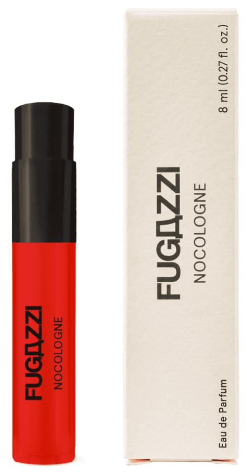 A small red and black perfume bottle next to a white box labeled 'FUGAZZI NOCOLONGE' with scent details.