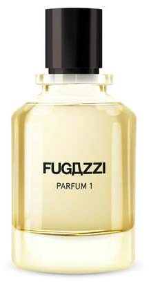 A perfume bottle with a black cap, light-colored liquid inside, labeled "FUGAZZI PARFUM 1."