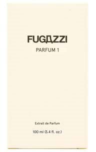 A perfume box labeled 'FUGAZZI PARFUM 1', with a simple beige background and black text.