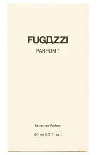 A perfume box with beige color, text says FUGAZZI, PARFUM 1, and 50 ml capacity.