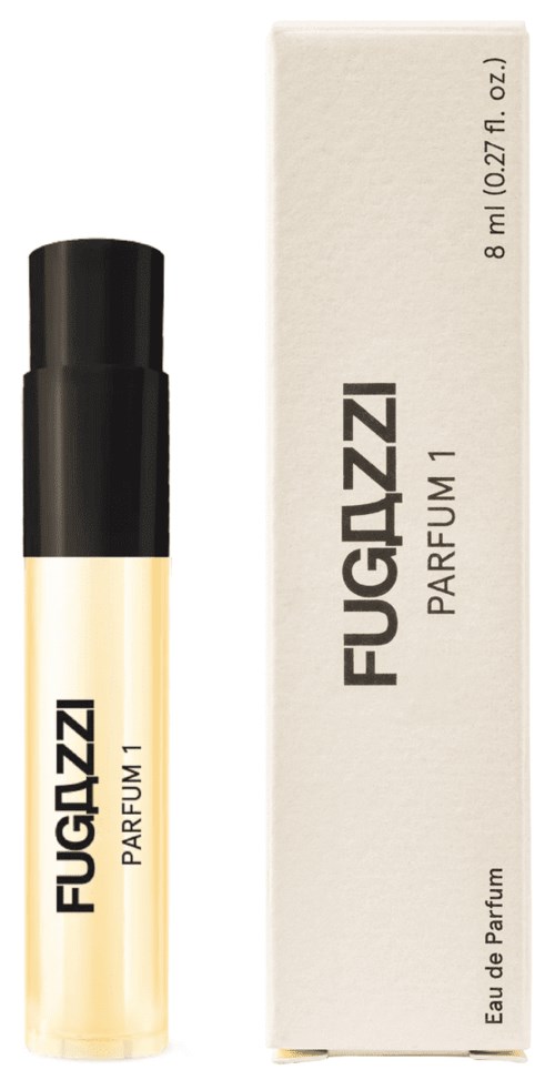 A small yellow perfume bottle with a black cap and white box labeled 'FUGAZZI PARFUM 1'
