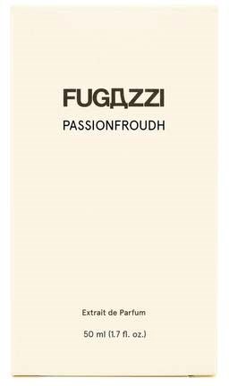 Fugazzi Passionfroudh perfume box, mainly white with black text and minimal design.