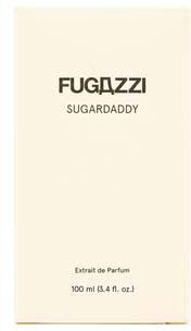 Fugazzi Sugardaddy perfume box, simple beige background, small black text, fragrance name, brand, volume stated.