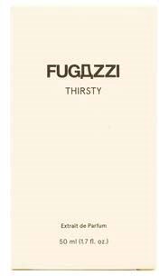 A perfume box labeled 'FUGAZZI THIRSTY' with text indicating it is 50 ml. Simple design with beige background.