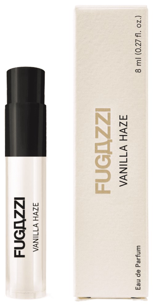 A white bottle with a black cap and a box, both labeled 'FUGAZZI VANILLA HAZE' and mention perfume.