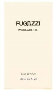 It's a perfume box with the words 'FUGAZZI WORKAHOLIC' and 'Extrait de Parfum' written on it.