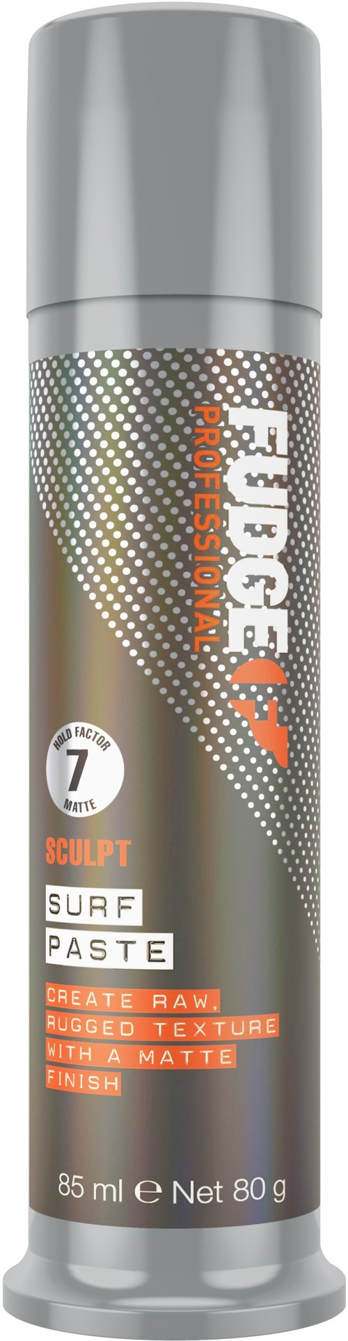 En silverfärgad och orange burk som heter Fudge TF för professionell surfpasta. Den ger texturerat, matt hår