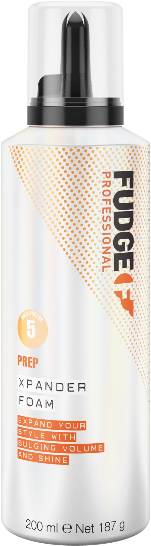 En vit sprayflaska märkt 'Fudge Professional' med orange och svart logo och text, innehållande hårstyling skum.