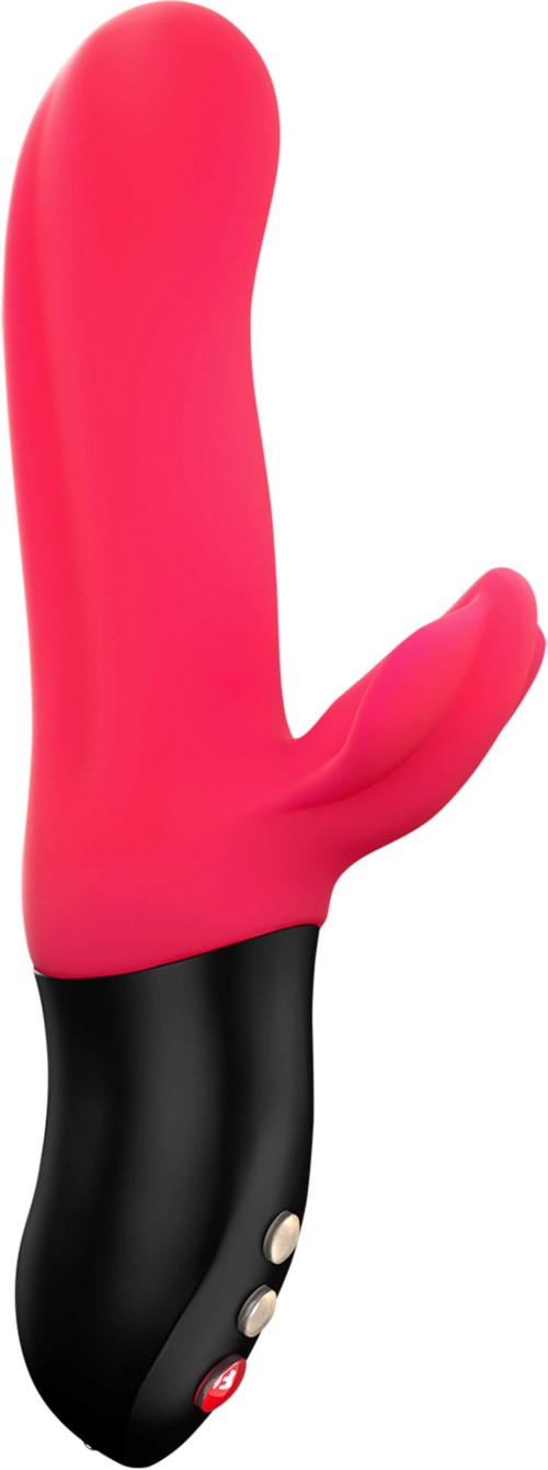 A pink, curved device with a smaller protrusion, black handle, and control buttons at the base.