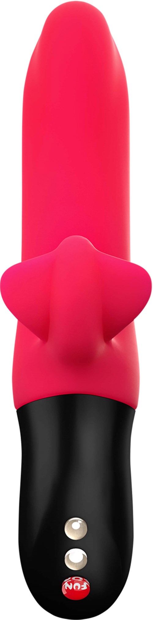 A pink vibrator with a cartoonish face and a black handle, set against a black background.