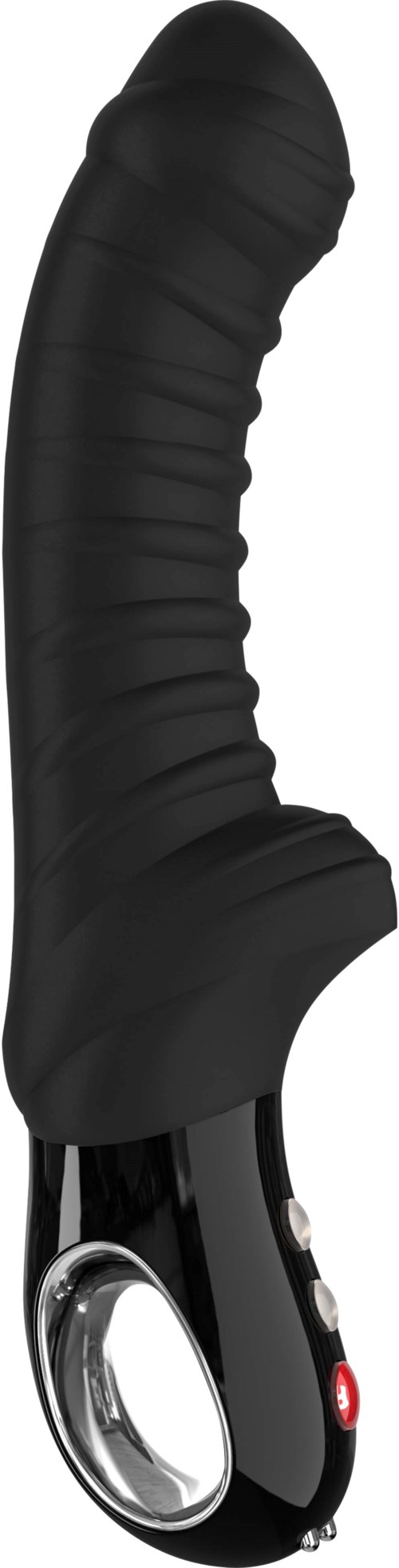 A black, curved device with buttons and a ring handle, likely a massager or personal care product.
