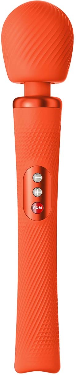 A red handheld device with a large round top and buttons on the handle.