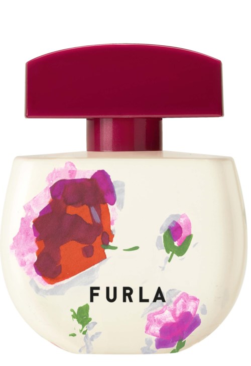 Perfumoon z czerwoną nakrętką, kwiatowym wzorem i napisem "FURLA".