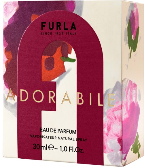 Pudełko perfum z napisem 'Furla Adorable' z kwiatowymi i różowymi wzorami.