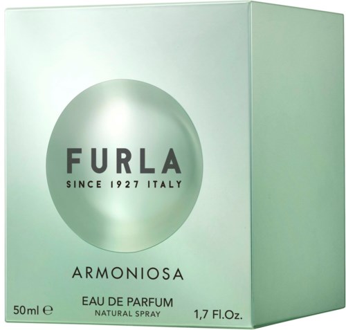 To jest pudełko na perfumy oznaczone Furla Armoniosa, wyprodukowano we Włoszech, pojemność 50 ml, jasny zielony kolor.