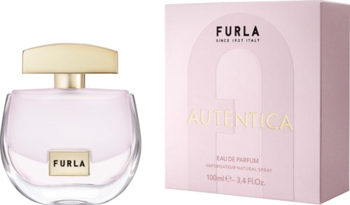 En parföljer med en beige lock och rosa vätska, bredvid en rosa förpackning märkt 'Furla Autentica'.