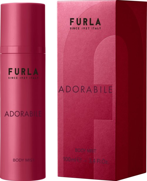 Różowa butelka perfum spray obok pasującego różowego pudełka z napisem 'Furla Adorabile'.
