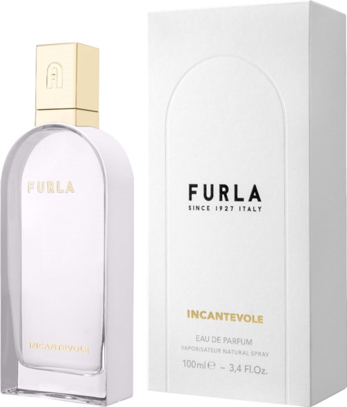 En parfyllflaska och box märkt 'Furla Incantevole' med vit och gul design.