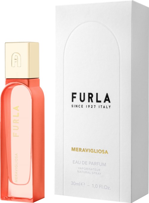 Różowa butelka perfum z beżową nakrętką i białe opakowanie z napisem 'Furla' i 'Meravigliosa'.