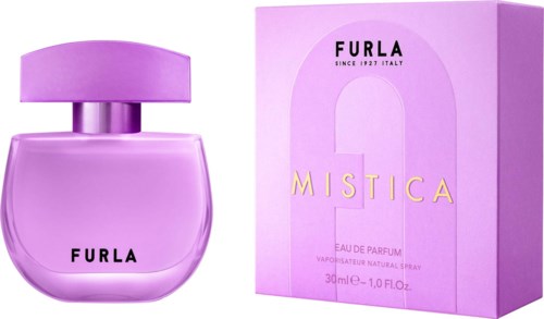 Fioletowa butelka perfum i pudełko oznaczone "Mystica" od Furla, Włochy, prosty design i złoty tekst.