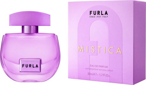 A purple perfume bottle and box with the word 'MISTICA' and a large letter 'A'.