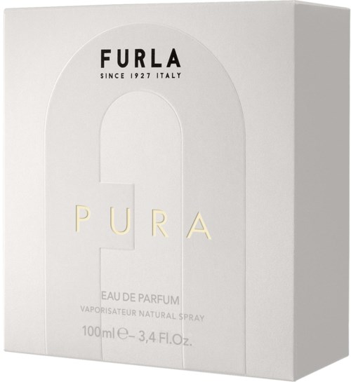 Białe pudełko z logo Furla, tekst o perfumie i rozmiarze, w prostym projekcie z minimalną ilością kolorów.