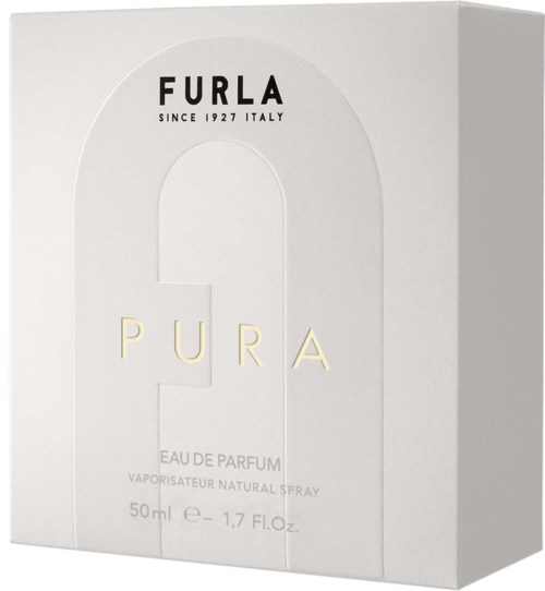 Biały box z czarnym i złotym tekstem o perfumach Furla, 50 ml, naturalny spray.