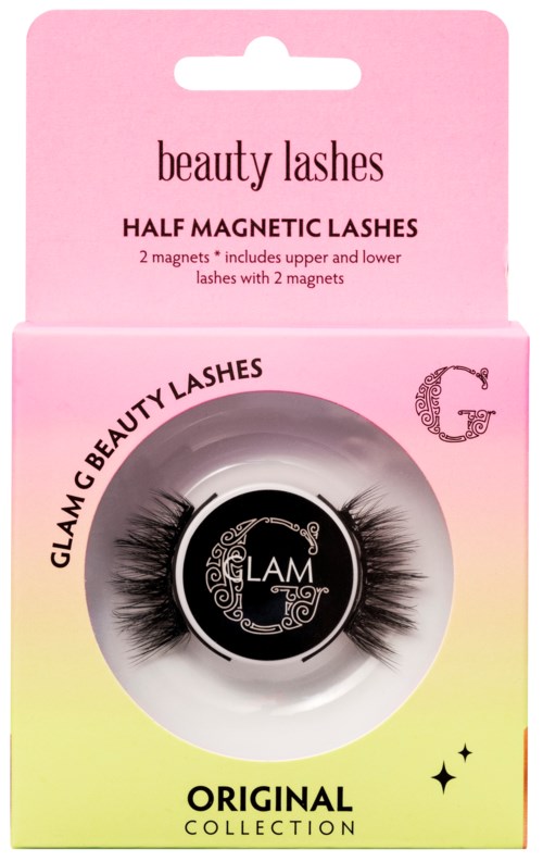 Roze doos bevat magnetische nepwimpers met twee magneten, merk 'Glam'.