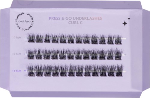 Eske med falske øyevipper i forskjellige lengder, instruksjoner for pressing og underøyenvipper, og curl C for sminke.