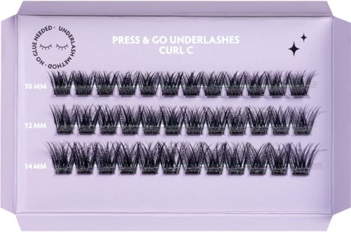 Tre sett med falske vipper i ulike lengder: 10mm, 12mm, 14mm, med instruksjoner for å trykke og understryk curl.
