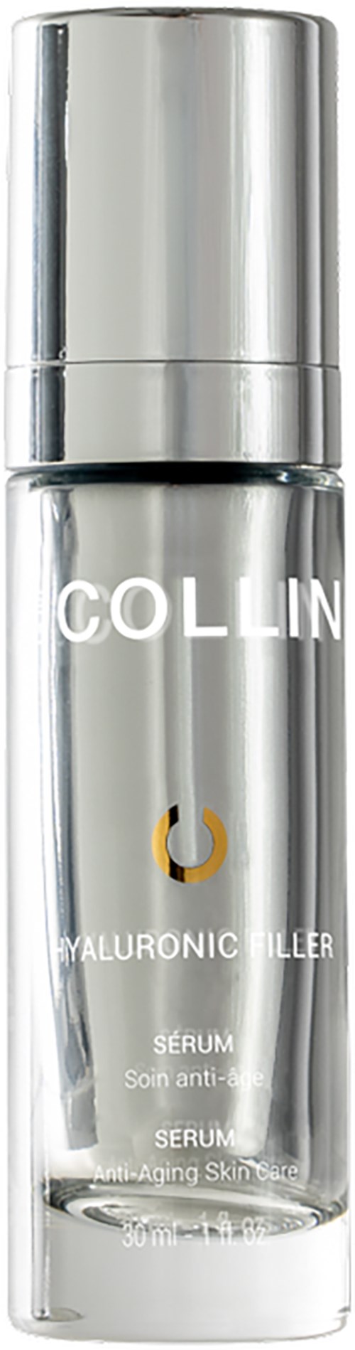 En glänsande silverflaska med en silverlock. Den är märkt 'COLLIN' och 'Hyaluronic Tiller Serum'.