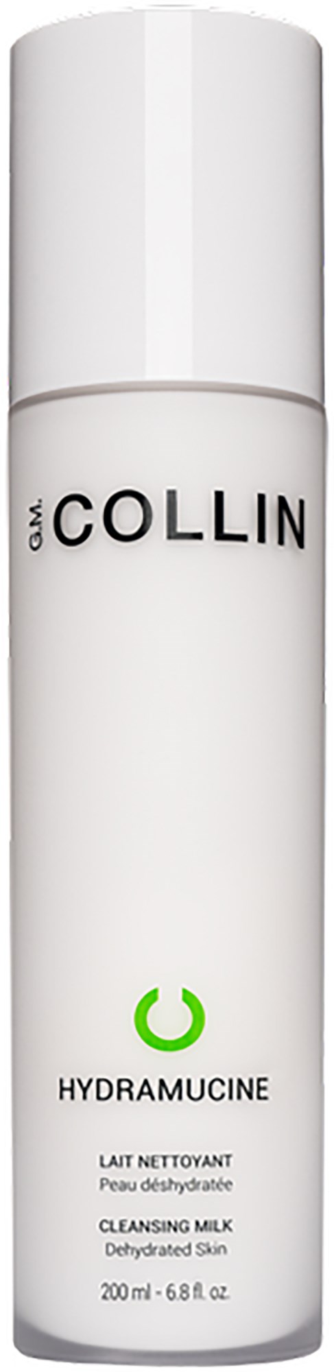 En hvit sylindrisk flaske med Collin Hydramucine rensende melk for tørr hud med en grønn kraftikon på etiketten.