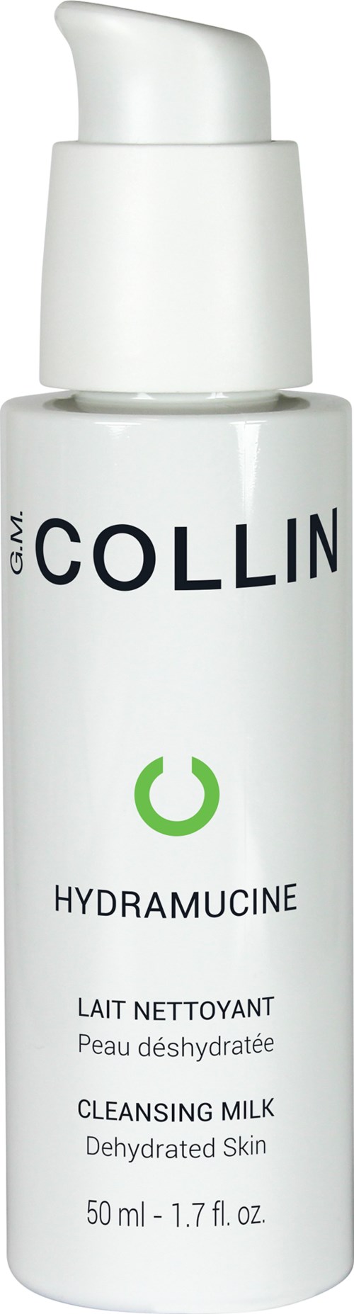 Valkoinen pullo pumpulla, merkattu 'Collin Hydramucine Cleansing Milk' kuivalle iholle.