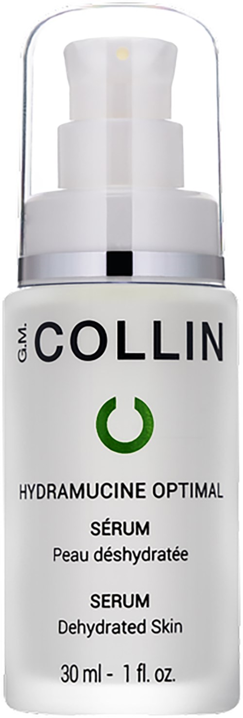 Hvit flaske med pumpe, merket Collin Hydramucine Optimal serum for dehydrert hud, 30 ml.