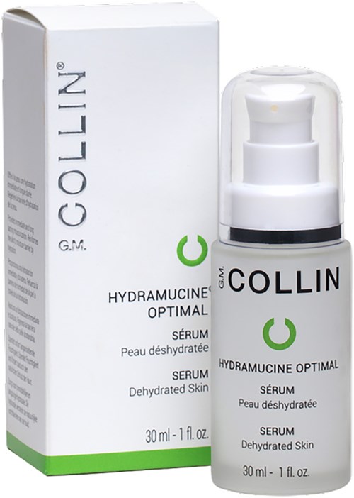 En hvit eske med grønne detaljer og en liten pumpflaske, merket 'G.M. Collin Hydramucine Optimal Serum for dehydrert hud.'