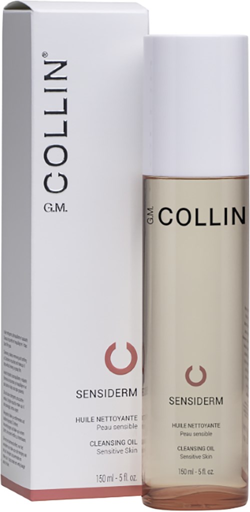 En flaske med renseolje med hvit hette og hvít eske, begge merket 'Collin' og 'Sensiderm'.