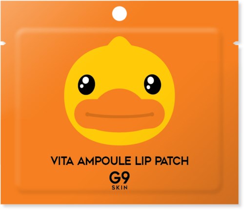 Ett ljust orange paket med ett gulligt gult ankhuvud, märkt som Vita Ampoule Lip Patch G9 Skin.