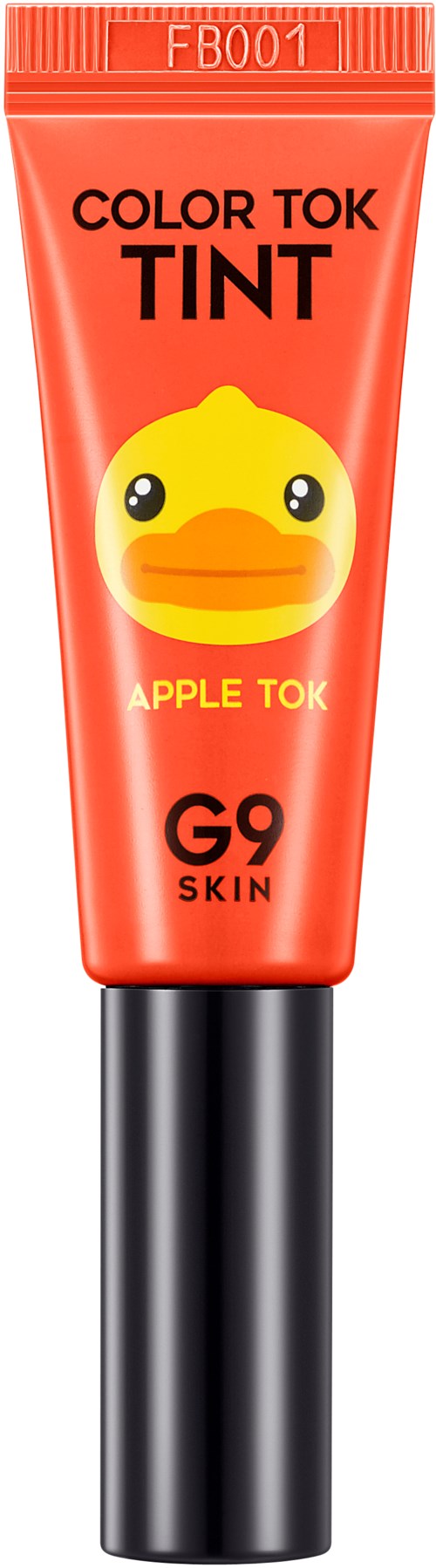 En röd tub med en gul ankäpplefigur på, märkt 'Color Tok Tint' och 'Apple Tok,' för hud- eller läpptint.